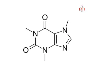 Caffeine chemical structure displaying its molecular geometry as C₈H₁₀N₄O₂