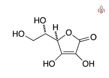 Structural formula of ascorbic acid (Vitamin C), showing a five-membered lactone ring with two hydroxyl groups