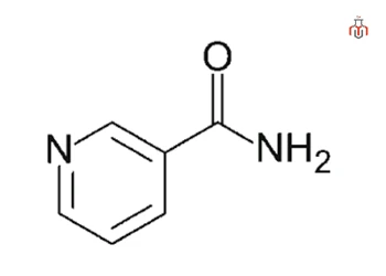 Chemical structure of niacinamide( C6H6N2O) having pyridine ring with a carboxamide.