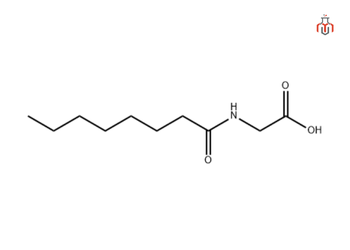 chemical structure of Capryloyl glycine (C10H19NO3), an N-acylglycine with the structure of a caprylic acid attached to the amino group of glycine