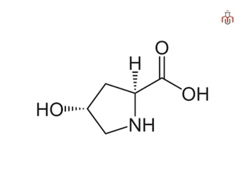 chemical structure of hydroxyproline, a non-essential amino acid, crucial for stabilizing collagen's triple helix structure