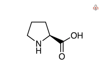 Chemical structure of L-Proline (C5H9NO2) showing a five-membered pyrrolidine ring with an attached carboxyl group and an amino group, representing the cyclic amino acid.