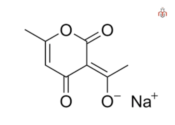 A chemical structure of Sodium dehydroacetate having a six menberd pyran ring and methyl group